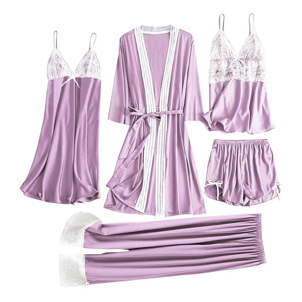 Женский атласный домашний костюм 5 шт. кружевная кофта брюки шорты ночная рубашка