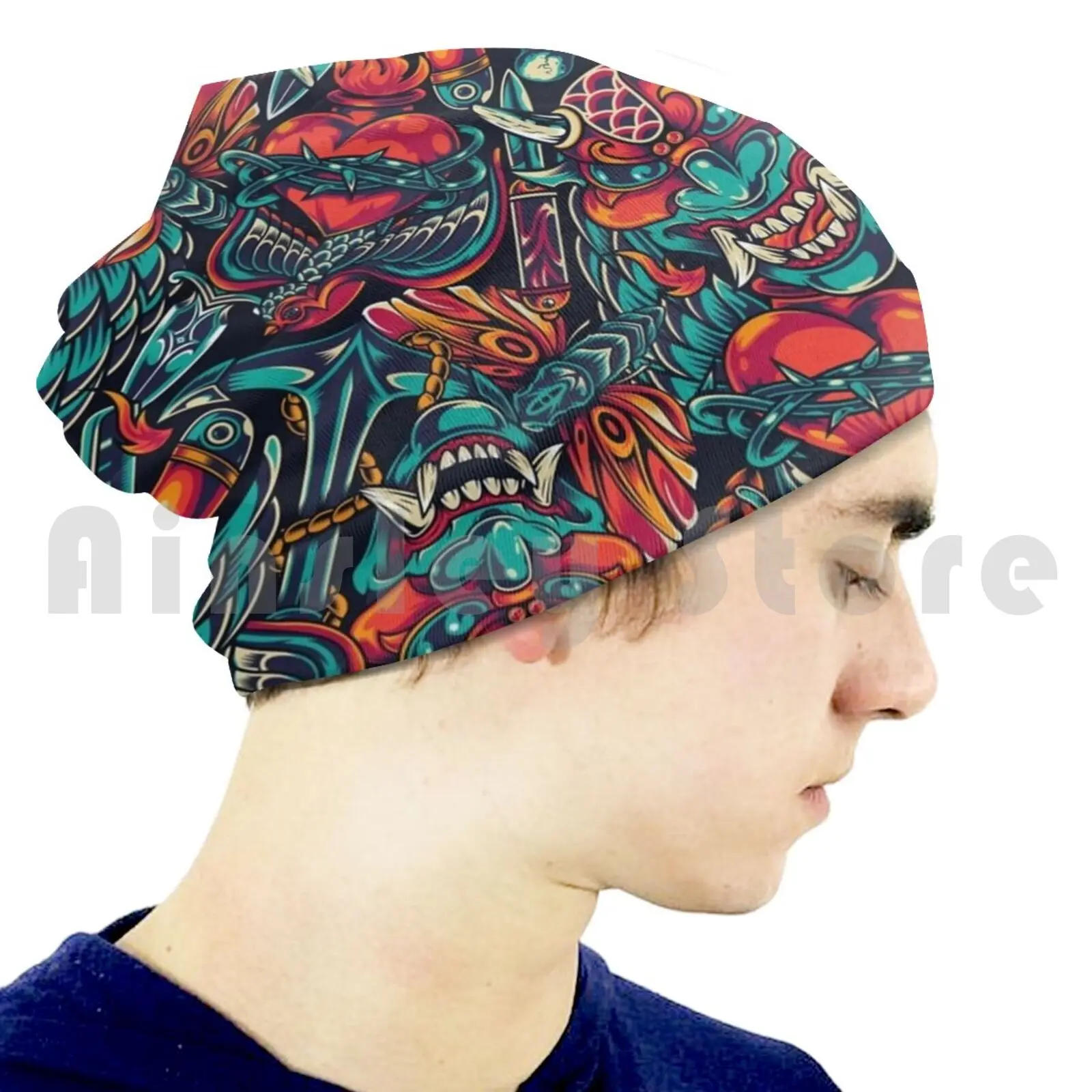 Шапка-бини с цветным татуировкой Классическая Вязаная Oni в стиле хип-хоп