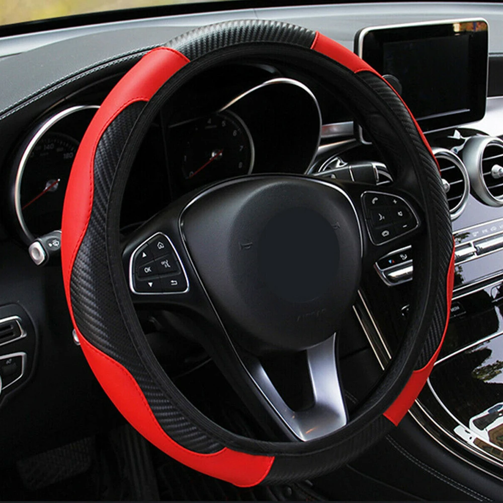 

Car Steering Wheel Cover Breathable Anti Slip PU Leather Steering Cover Suitable For 37-38cm Auto Decoration Carbon Fiber