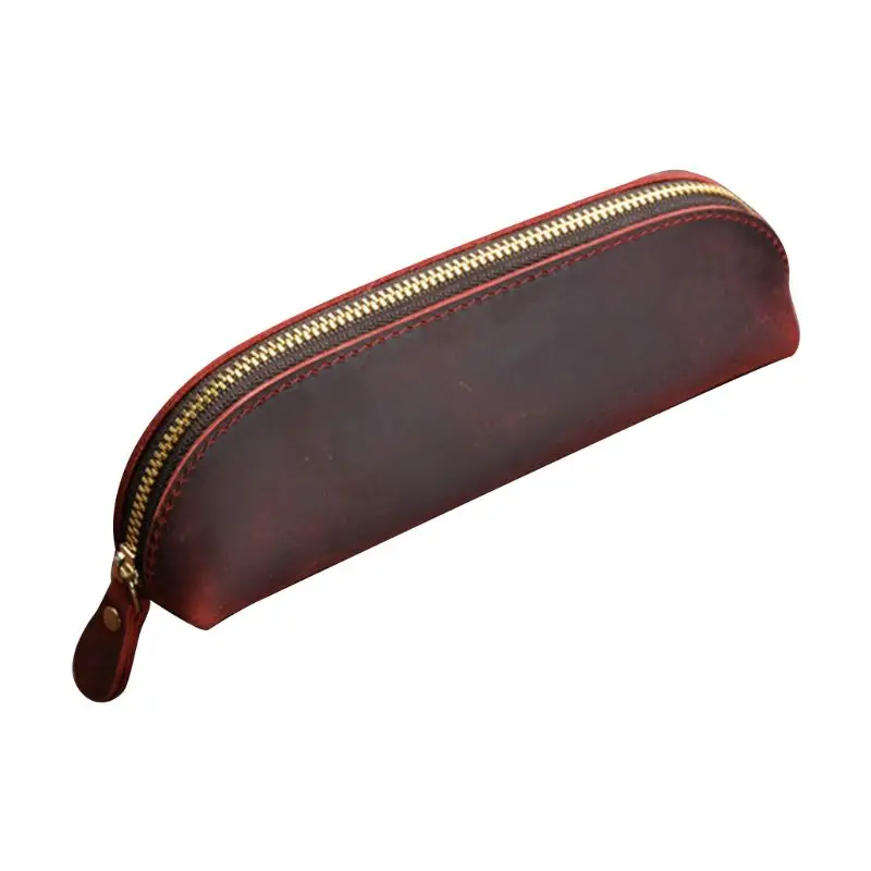 

Crazy Horse Leather Pencil Bag Vintage Retro Zipper Fountain Pen Makeup Pouch