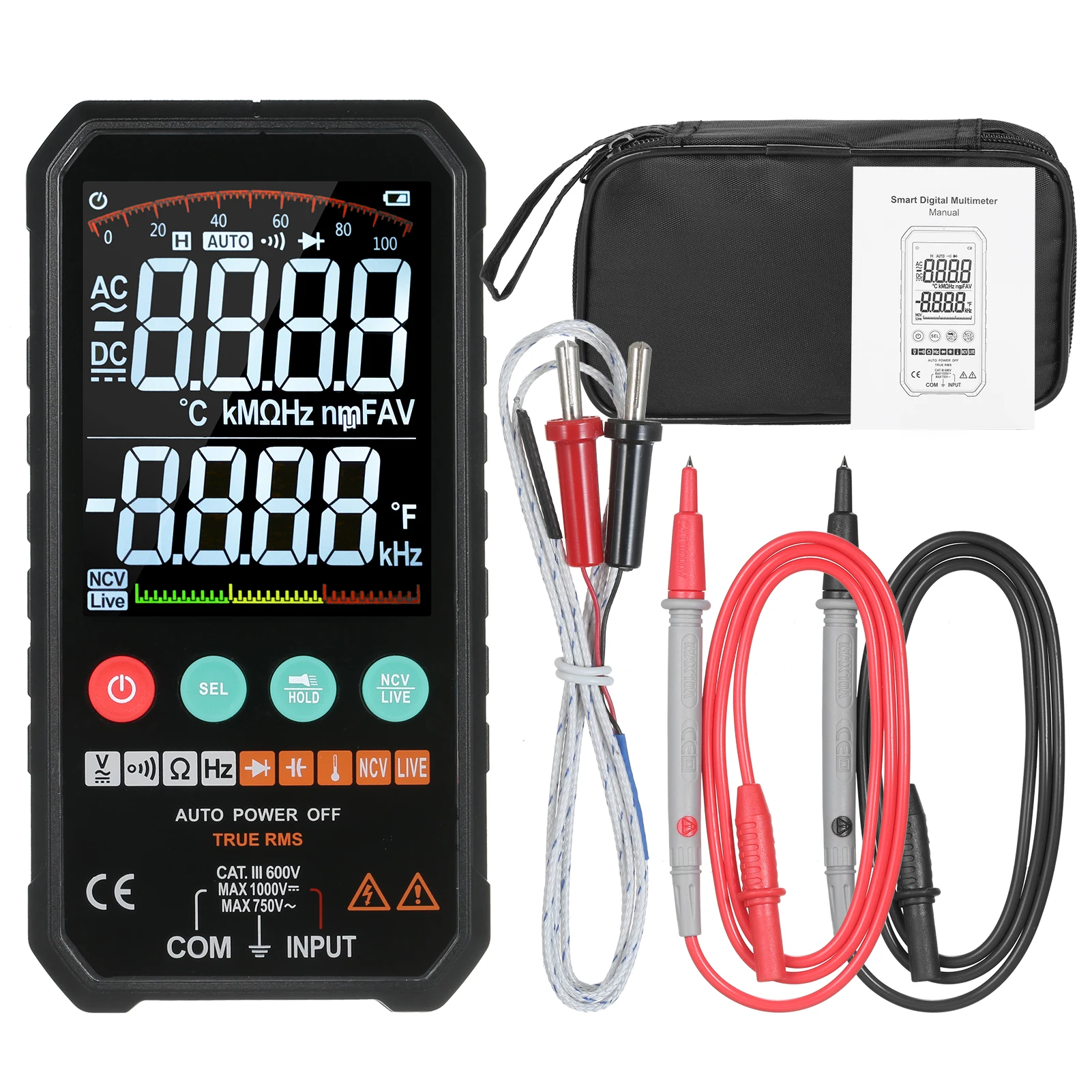 

LCD Digital Multimeter 6000 Counts True RMS AC/DC Voltage Resistance Capacitance Frequency Continuity Diode NCV Test