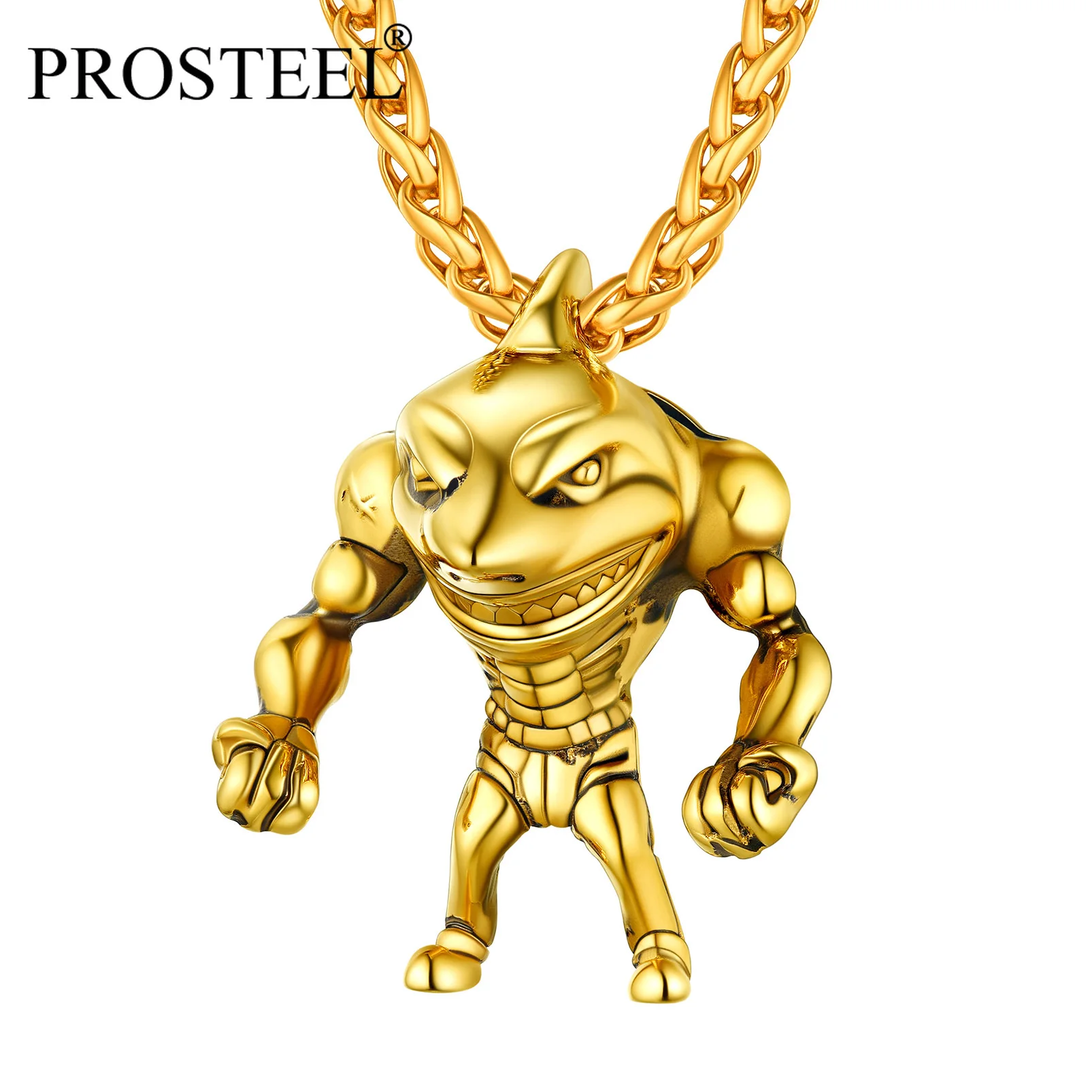 

PROSTEEL Fitness Shark Pendant Punk Rock Stainless Steel Necklace For Hip Pop Men Boys Gold/Black Plated PSP40005