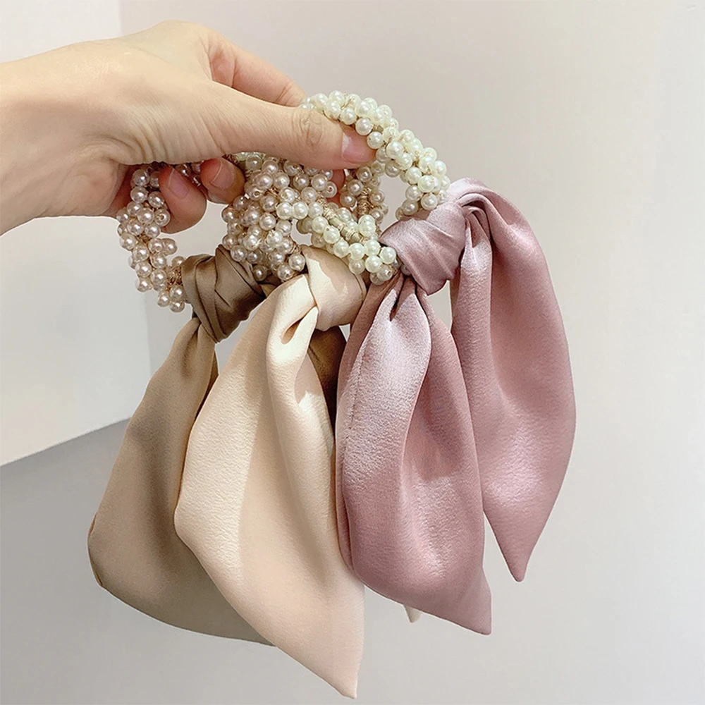 

Fashion Girls Ribbon Elegant Scrunchies Hair Rings Hair Accessories Pearl Hair Rope