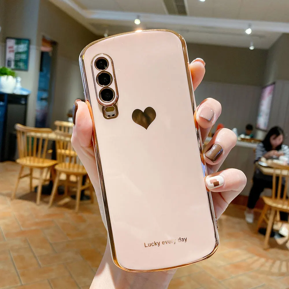 Boucho Mạ Điện Hình Bầu Dục Dành Cho Huawei Honor 30 P30 P40 Giao Phối 30 Pro Nova 7 SE Cao Cấp Màu Trơn họa Tiết Trái Tim Bìa Mềm cute phone cases huawei