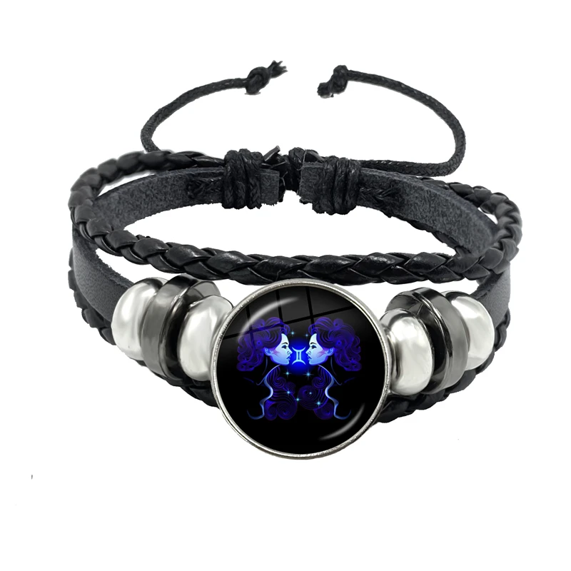 12 Constellations Bracelet Personality Rope Black Button Leather Glass Male Female Fashion Accessories Gift | Украшения и