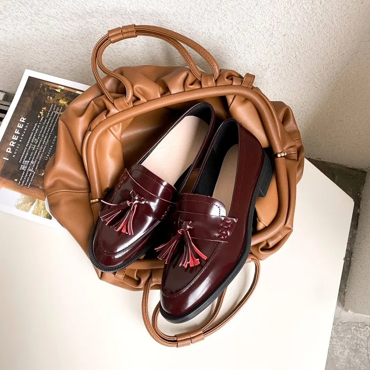 MLJUESE 2020 women pumps autumn spring soft cow leather wine red slip on tassel round toe lady shoes party dress wedding | Обувь