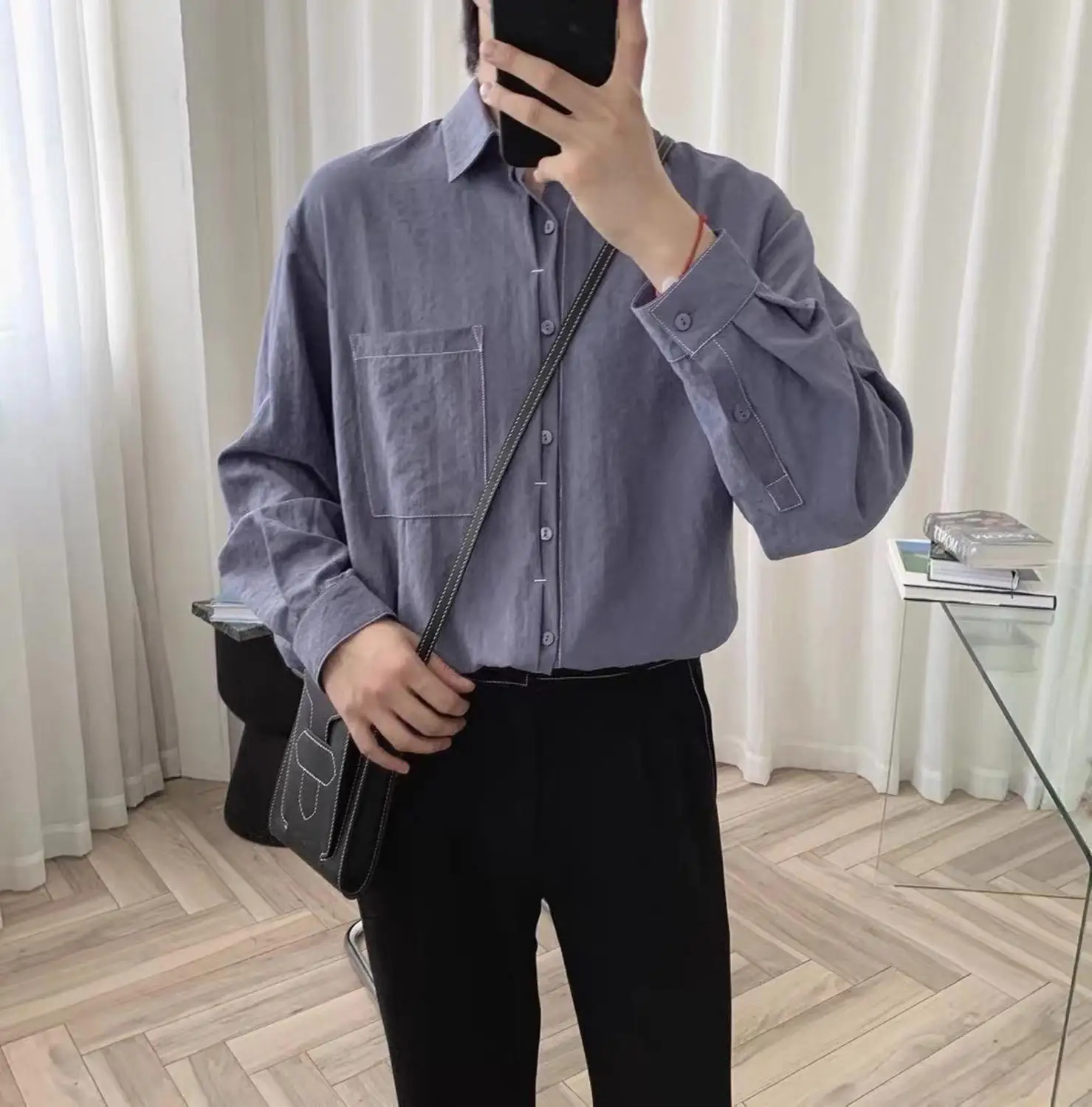 Рубашка мужская однотонная с отложным воротником и длинным рукавом | Мужская