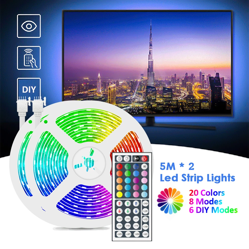 

Светодиодные ленты светильник s 32.8ft.RGB 300 светодиодов светильник с 44-клавишный пульт ИК-пульт дистанционного управления 20 Цвет s 6 режимов 8 пр...