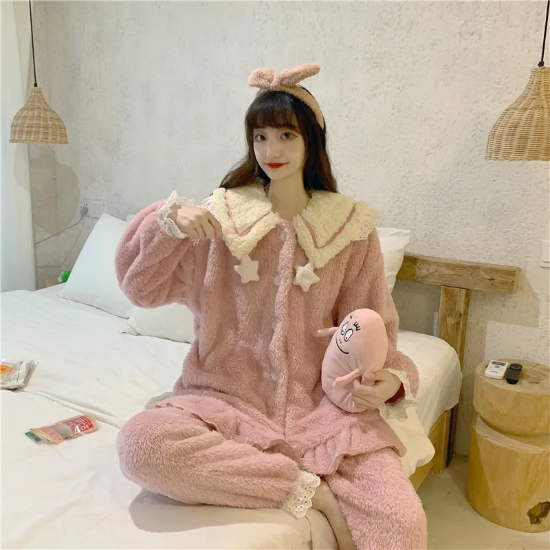 

Princess Coral Velvet Warm Women Nightgown Kawaii Collar Thick Long Sleeve Solid Winter Pajamas Suit Girls Night Dress Sleepwear
