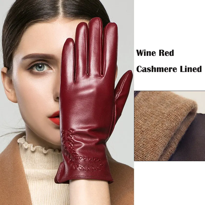 winered cashmere Перчатки из натуральной кожи женские зимние теплые бархатные утепленные высококачественные кожаные перчатки для вождения K2303 - Цвет: winered cashmere