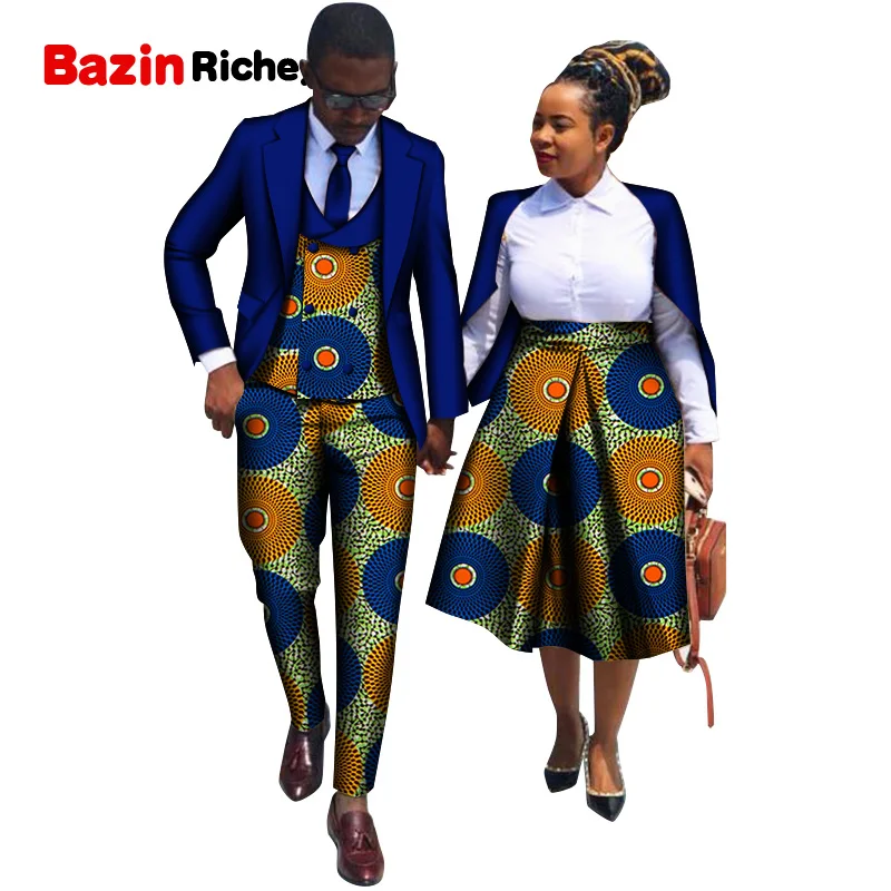 

Sets Couples Matching African Clothes Men Vest +Tie +Coat +Pant and Women Coat +Skirt Office Male and Female Worker Dress WYQ672