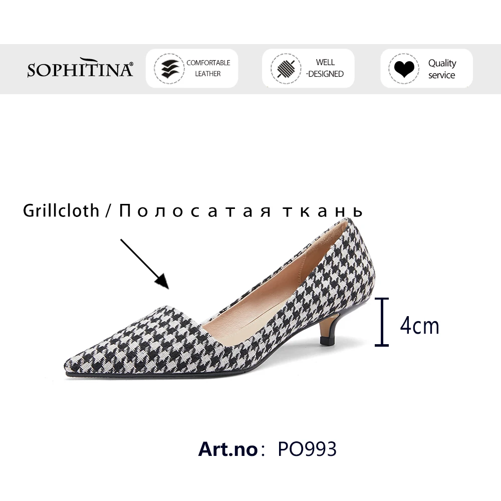 

SOPHITINA Elegant Woman Plaid Cloth Pumps Woman Shallow Pointed Toe Sheepskin Insole Med Thin Heek Lady Shoes PO993