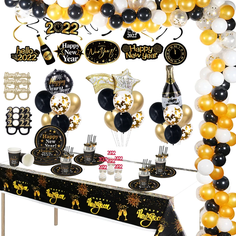 

New Year Party Disposable Tableware Balloons Decorations Gold Silver Number Balloon New Year Eve Party Decoration Supplies Xmas