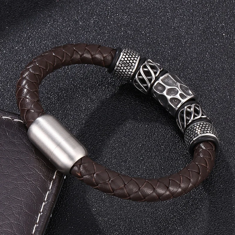 Новые черные браслеты мужские Модные из нержавеющей стали с бусинами кожаные