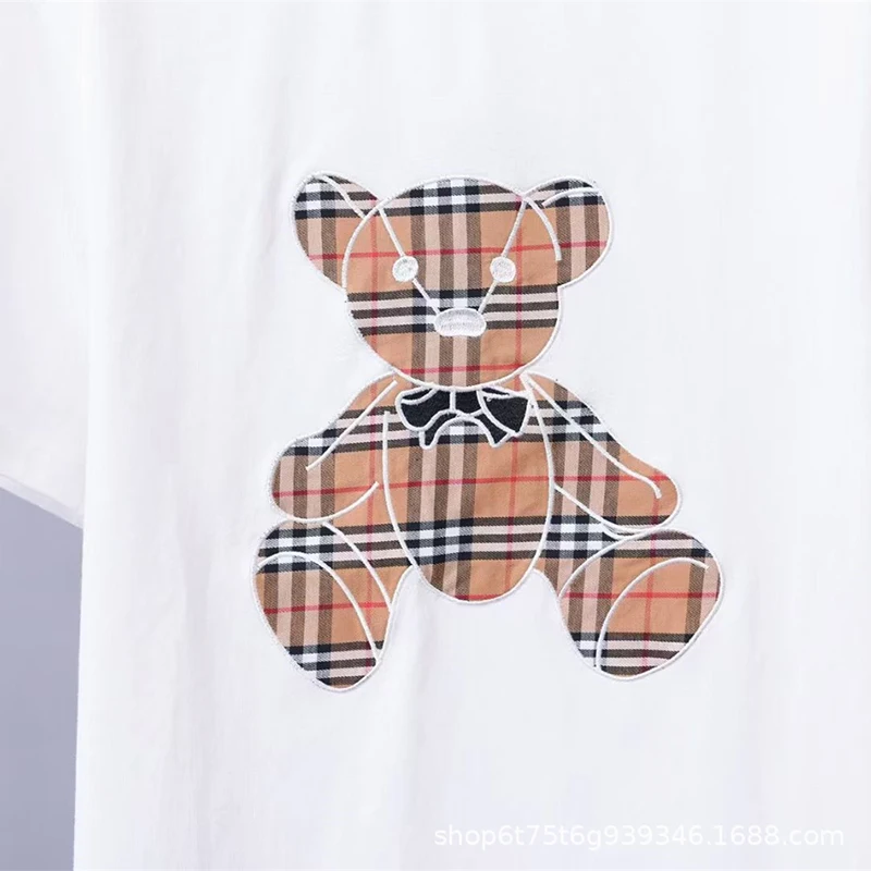

Summer Ladies Color Plaid Bear Pattern Loose Short-Sleeve Pure Cotton Couple Short-Sleeve T-Shirt Fashion Large Size T-Shirt Top