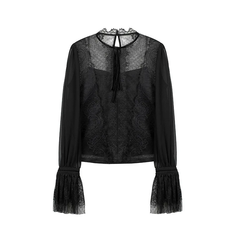 

2021 Korean Lace Blouse Long Sleeve Spring New Chiffon Bottoming Trumpet Sleeve Tops Collar Shirts Sexy Fashion Clothing Women