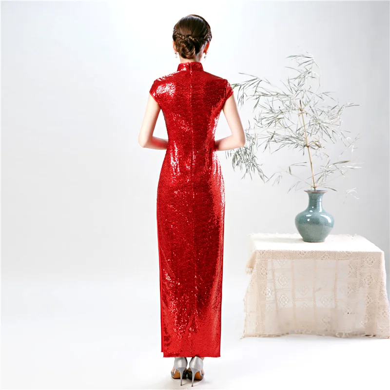 Красное Длинное китайское платье с блестками Cheongsam современное свадебное