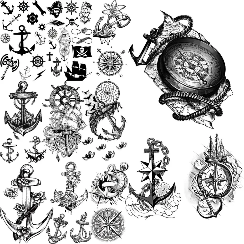 Black Compass Anchor Temporary Tattoos For Adults Men Realistic Pirate Ship Endless Flower Fake Tattoo Sticker Back Arm Tatoos
