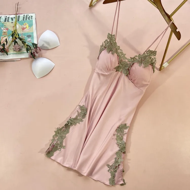 

Sexy Lace Strap Nightgown Summer Womens Backless Nightdress Satin Chest Pads Nighty Gown Lounge Home Wear Sleeveless Sleep Dress