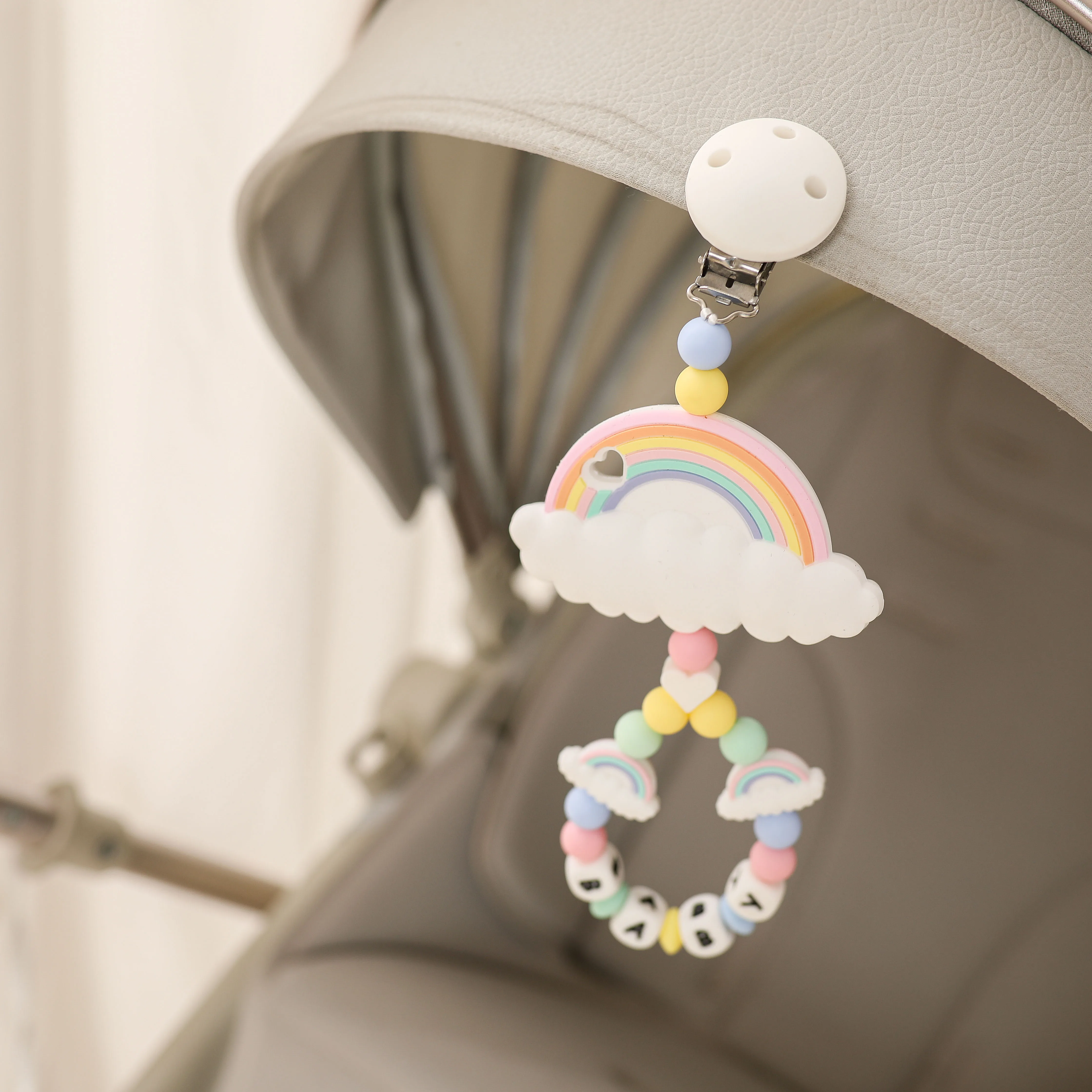 

Baby Toy Food Grade Pram Clip Baby Mobile Pram Personalize Silicone Bead Pacifier Chain Infant Teether Necklace Teething Beads