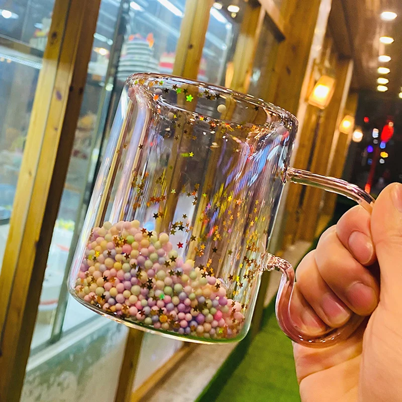 

Korean star cup girl heart Sequin double layer glass heat resistant handle coffee cup