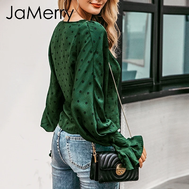 JaMerry винтажные элегантные пуговицы в Горошек женский Печатный принт блузка рубашка рюшами фонарь рукав зеленый топ Осень Зима повседневные блузки