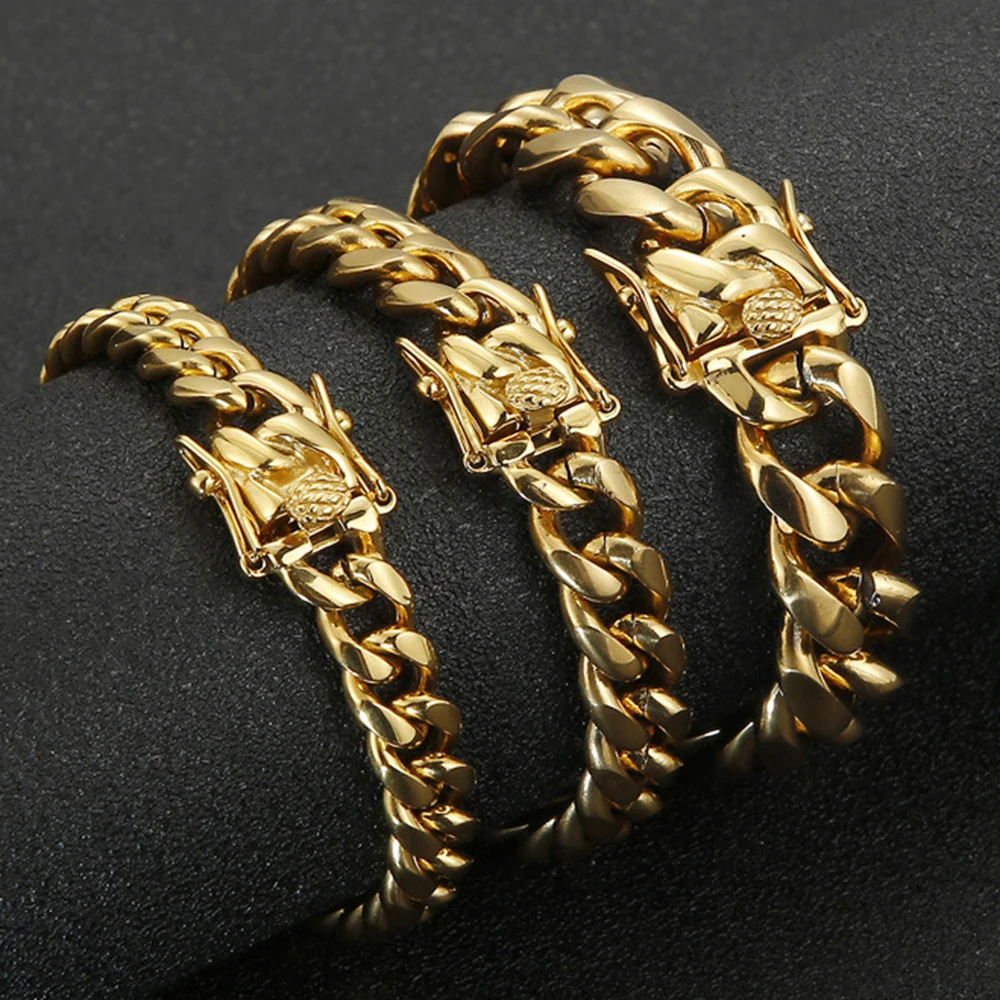 

12/15mm Heavy Miami Gold Plate Cuban Curb Link Chain Bracelet Punk Men's Women Hiphop Stainless Steel Biker Bangle Rock Jewelry