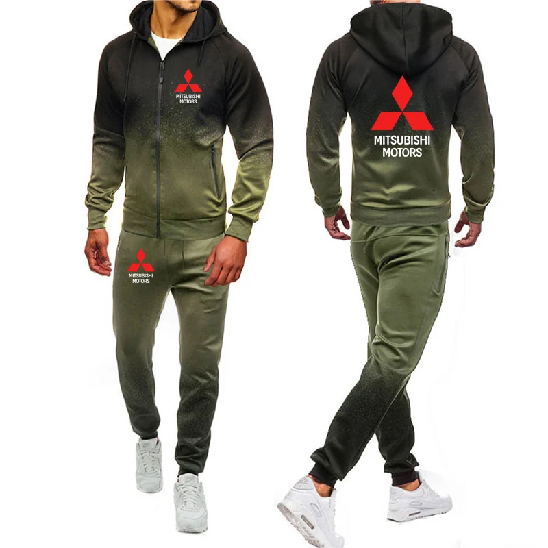 

Hoodies Men Mitsubishi Car Logo Print Casual Harajuku Gradient color Hooded Fleece zipper Jacket Sweatshirt Sweatpants Suit 2pcs