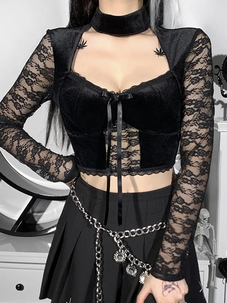 

Пикантная Готическая футболка FHYU в стиле Диабло, кружевная футболка с длинным рукавом и воротником, женские уличные топы с вырезами, женски...