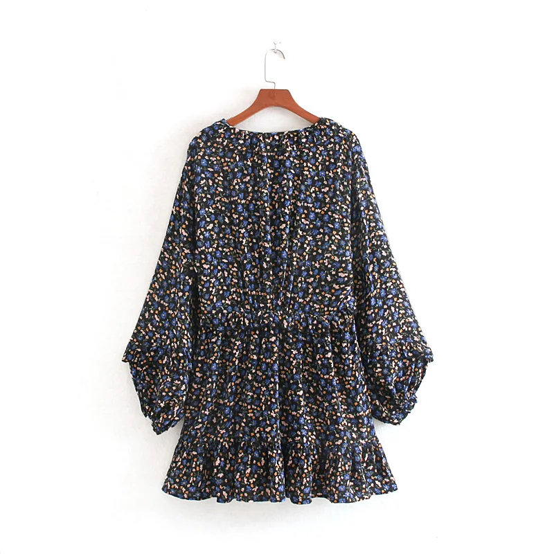 Женское мини платье осень 2019 Новое поступление цветочные принты v образным