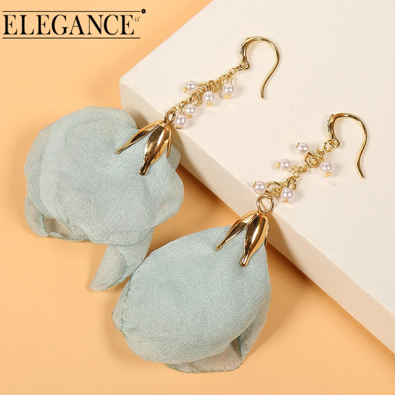Elegance11 Women Long Flower Earrings Silk Pendant Pearl Tassel Jewelry Colorful Open Accessories Gifts for Girls | Украшения и