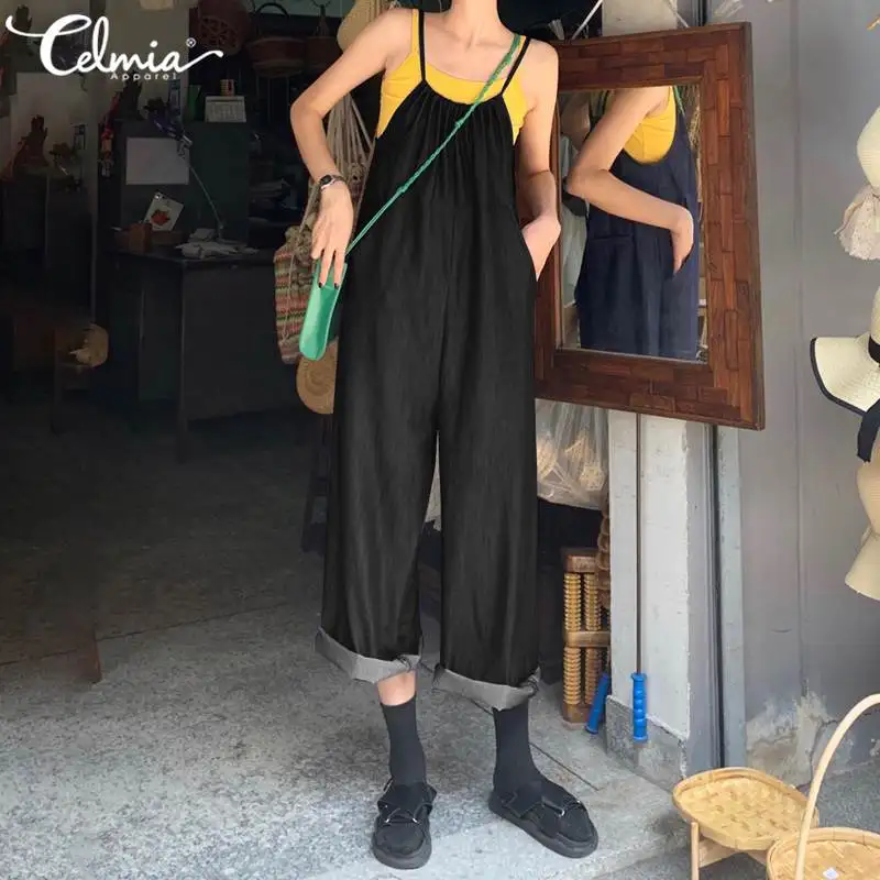 

Celmia Summer Women Denim Wide Leg Jumpsuits Sexy Straps Sleeveless Casual Party Romper Drawstring Suspends Overalls