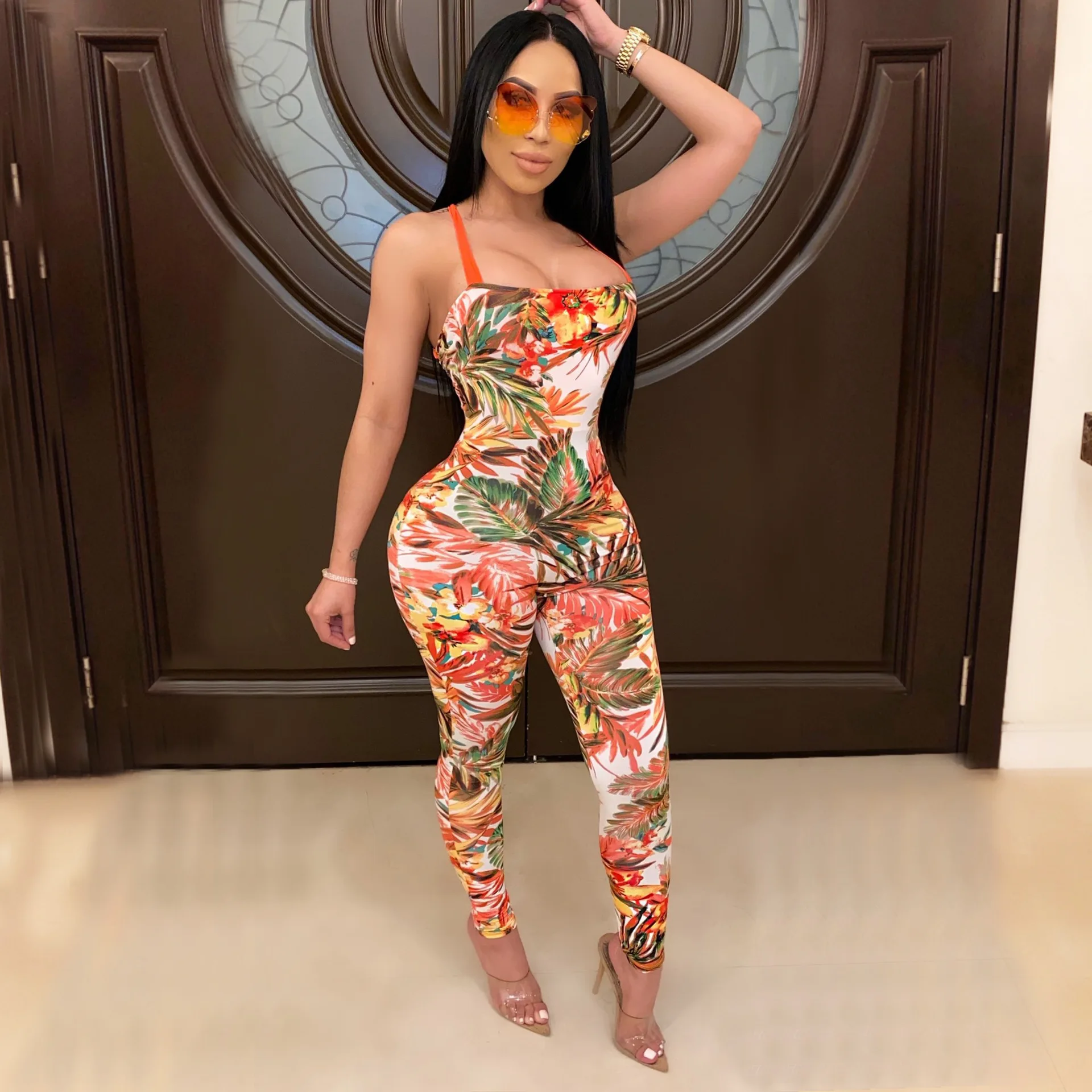 Красочные лиственным принтом Bodycon Облегающий комбинезон для женщин завязками