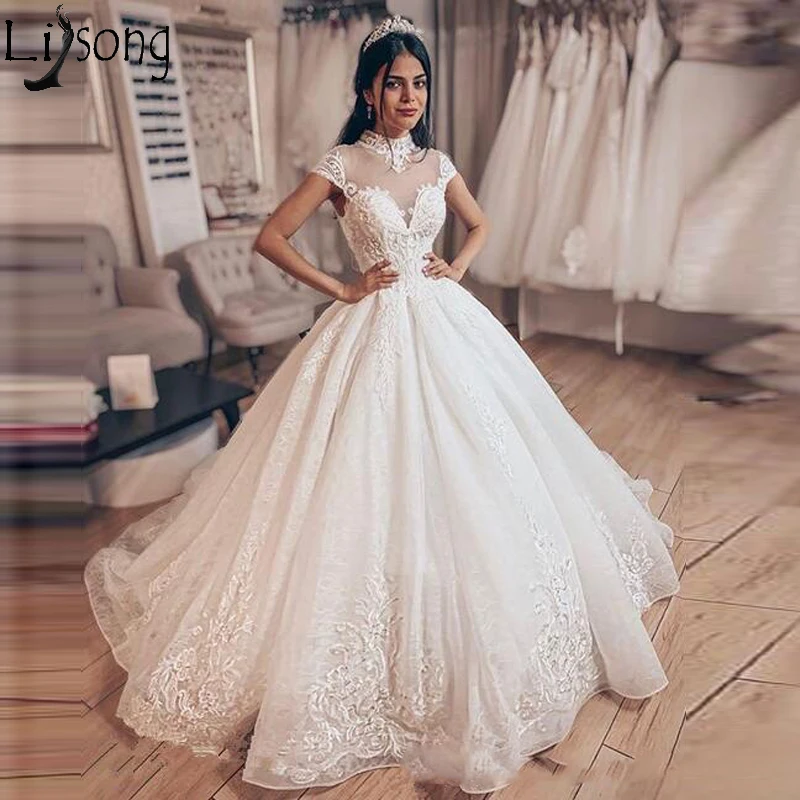 

Удивительное бальное платье принцессы, свадебные платья 2019, женское блестящее кружевное платье с высоким воротом