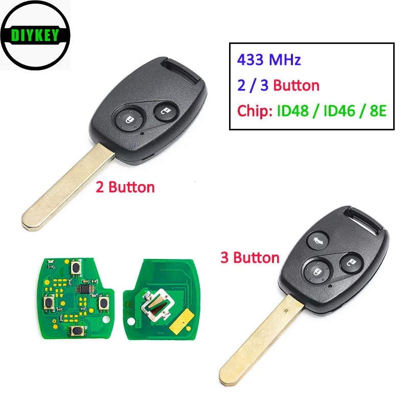 DIYKEY 433 МГц ID48 / ID46 ID8E чип Замена дистанционного ключа 2 3 кнопки для Honda Accord CRV Jazz