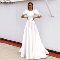 elegant simple satin wedding dresses for women scoop neck bride dress romantic puff sleeve backless bridal gown robe de mari%c3%a9e