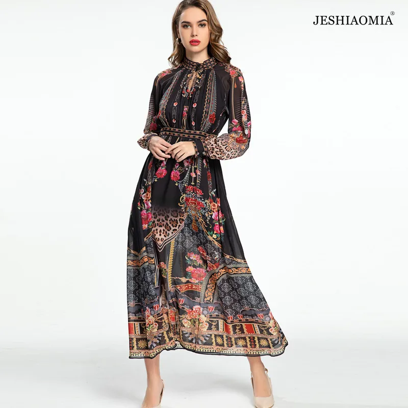 

JESHIAOMIA- 2022 Spring Round Neck Floral Vintage Print Maxi Dress