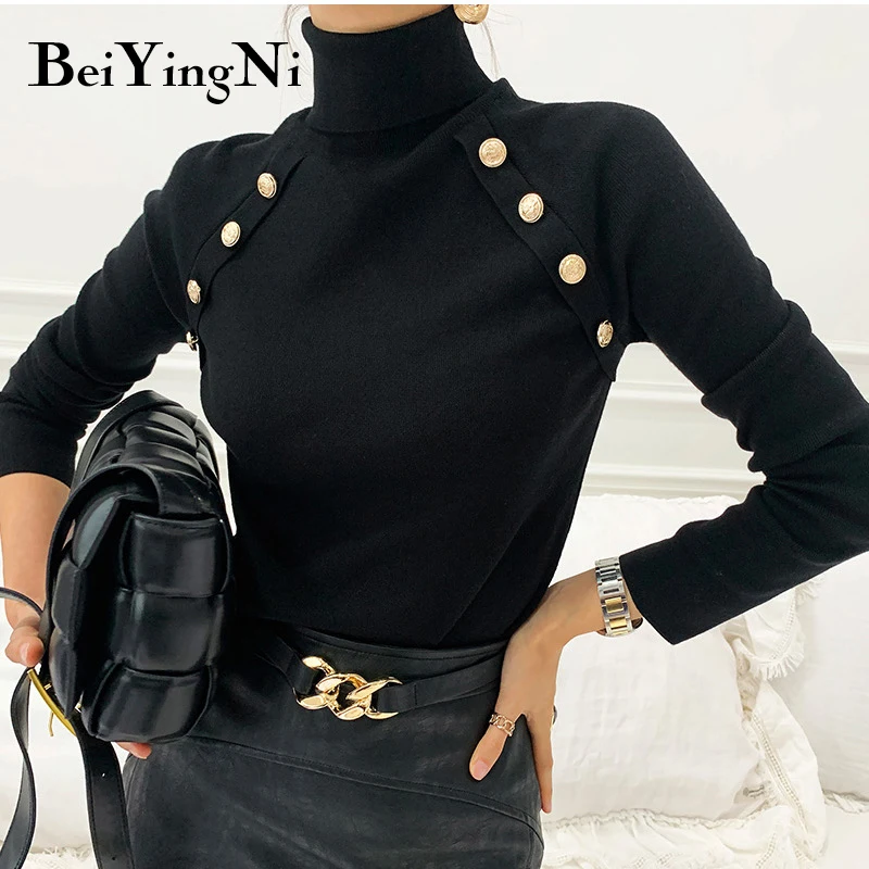 

Beiyingni Women Sweater Korean Style Knitted Tops Female Black Buttons Casual Turtleneck Sweaters Chic Warm Fall Pullover Jumper