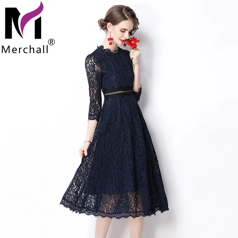 

High Quality Elegant Ladies Lace Embroidery Dress Female O Neck 3/4 Sleeve A Line Midi Party Dress Autumn Woman Clothing M68392