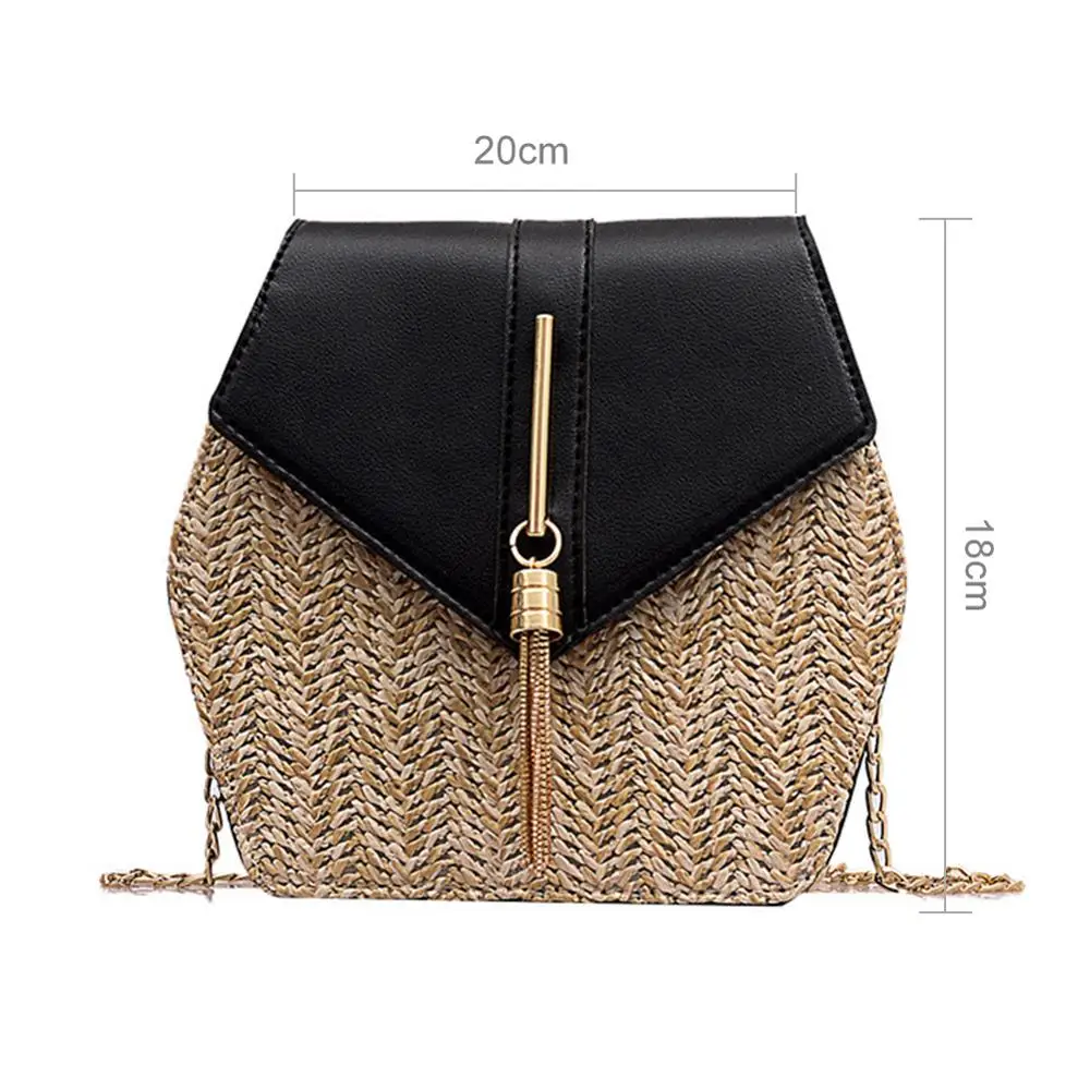 Женская соломенная сумка в стиле шестиугольника + Кожаная из ротанга плетеная