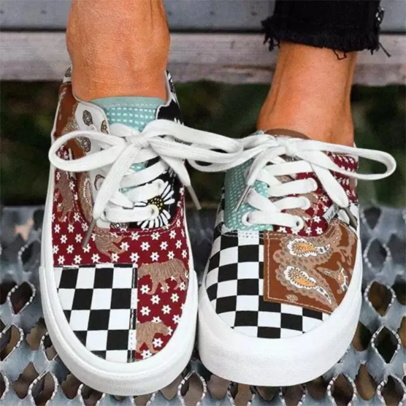 

Women's Canvas Print Lace-up Flat-heel Non-slip Comfortable Youthful Cute Sweet Fashion Casual Sports Shoes Travel Shoes 5KE030