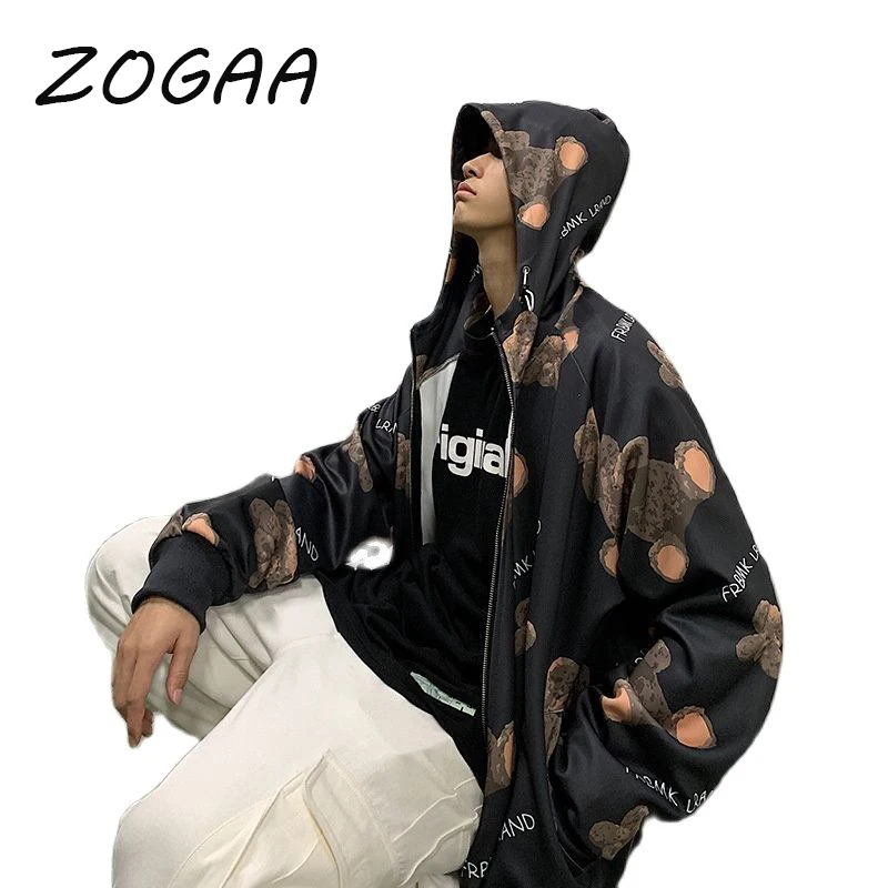 

ZOGAA Warm Hooded Sweatshirt Spring Men's Sweatshirt Bear Print Harajuku Hip Hop Street Jacket Thicken Large Size Men's Jacket
