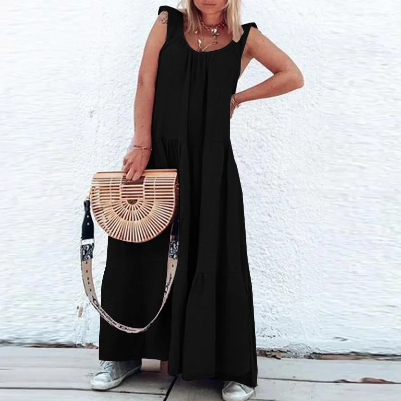 

Sexy V-Neck Sleeveless Loose Maxi Beach Dress Women 2021 Summer Elegant Solid Color Ruffles Long Party Dress Boho Dresses 5XL