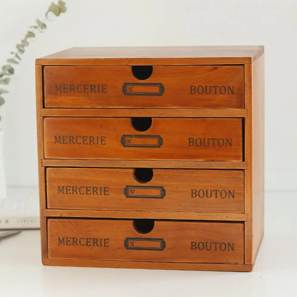 Retro Multi-layer Wooden Desktop 4-layer Drawer Storage Box Cabinet Organizer Supplies |