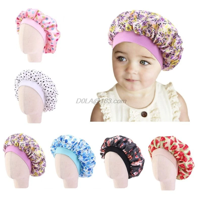 Cute Pattern Bonnet Night Sleep Cap for Children Kids Satin Wide-brimmed Elastic Turban Chemo Hat Girl boy Hair Care Accessories | Детская