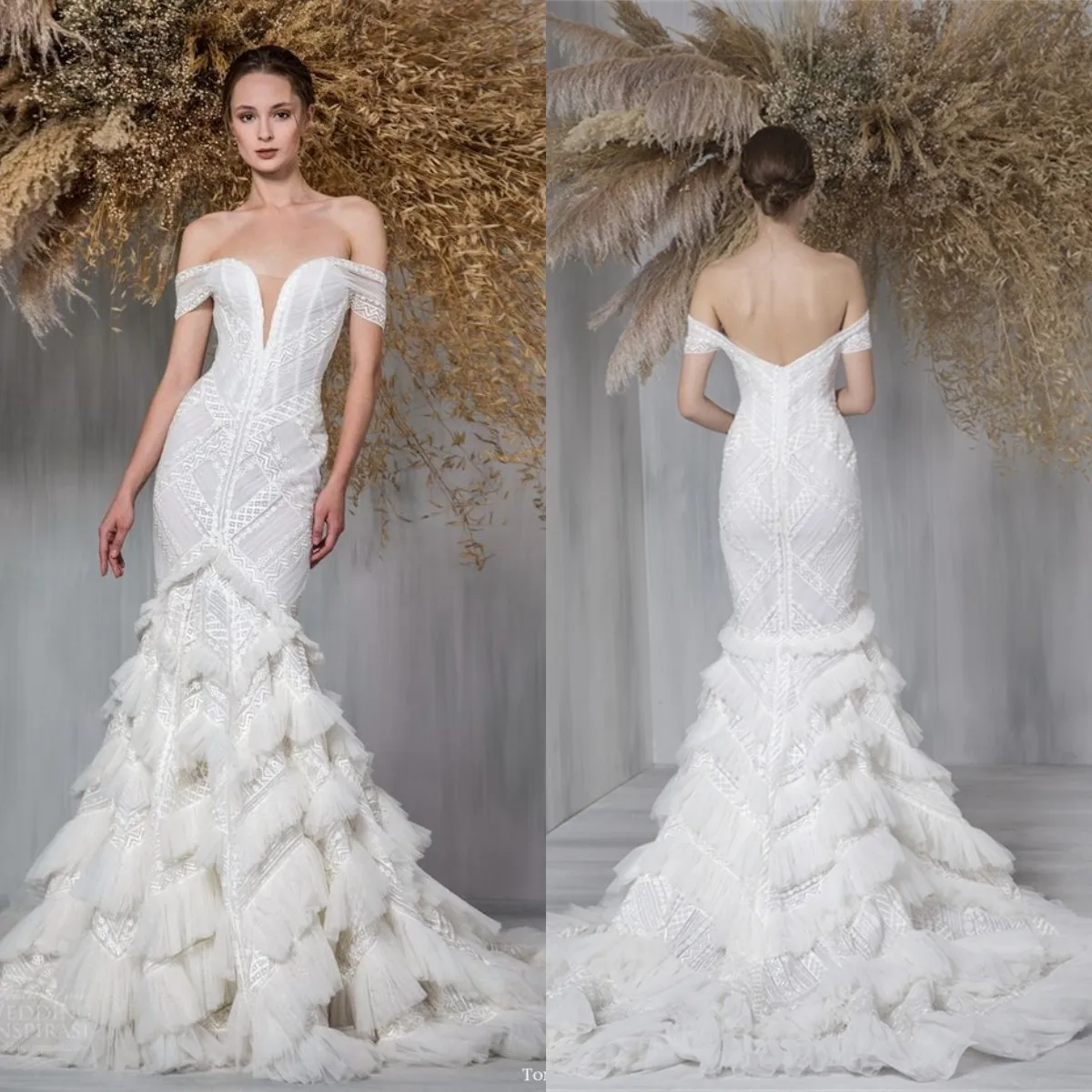 

Elegant Off The Shoulder Mermaid Wedding Dresses Tiered Deep V Neck Bridal Gowns Backless Formal Vestidos De Novia