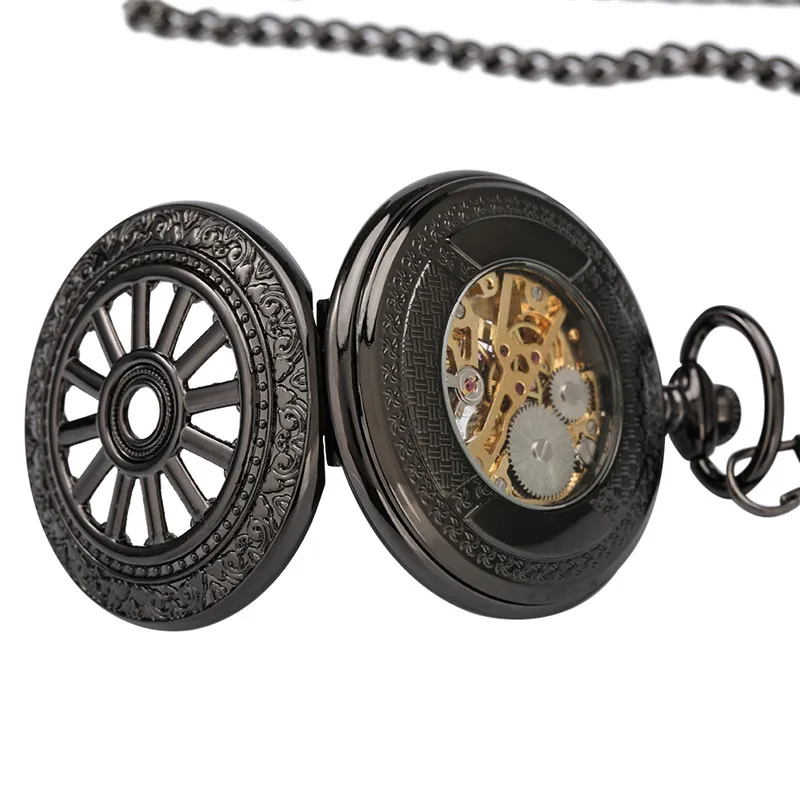 Black Silver Golden Antique Hollow Wheel Design Manual Mechanical Pocket Watch Fob Watches Pendant Clock Gifts for Men Women