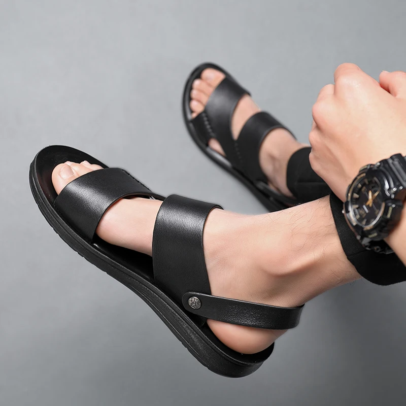 2021 New Men's Cowhide Summer Sandals Anti-Slip Quality Two Wearing Shoes Light Weight Leisure Man Beach sandals | Обувь