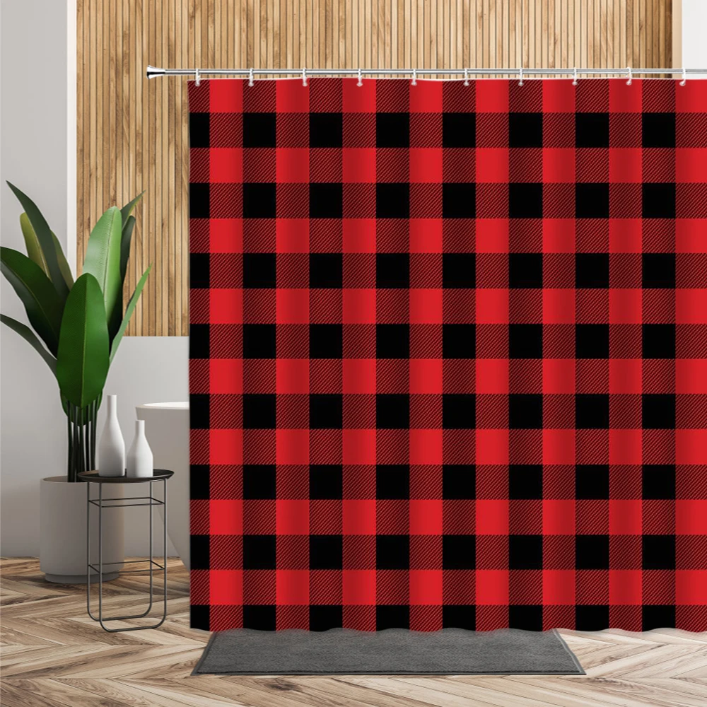

Red Black Plaid Shower Curtain Retro Geometric Graphics Home Decoration Hanging Cloth Waterproof Bathroom Curtains Set With Hook