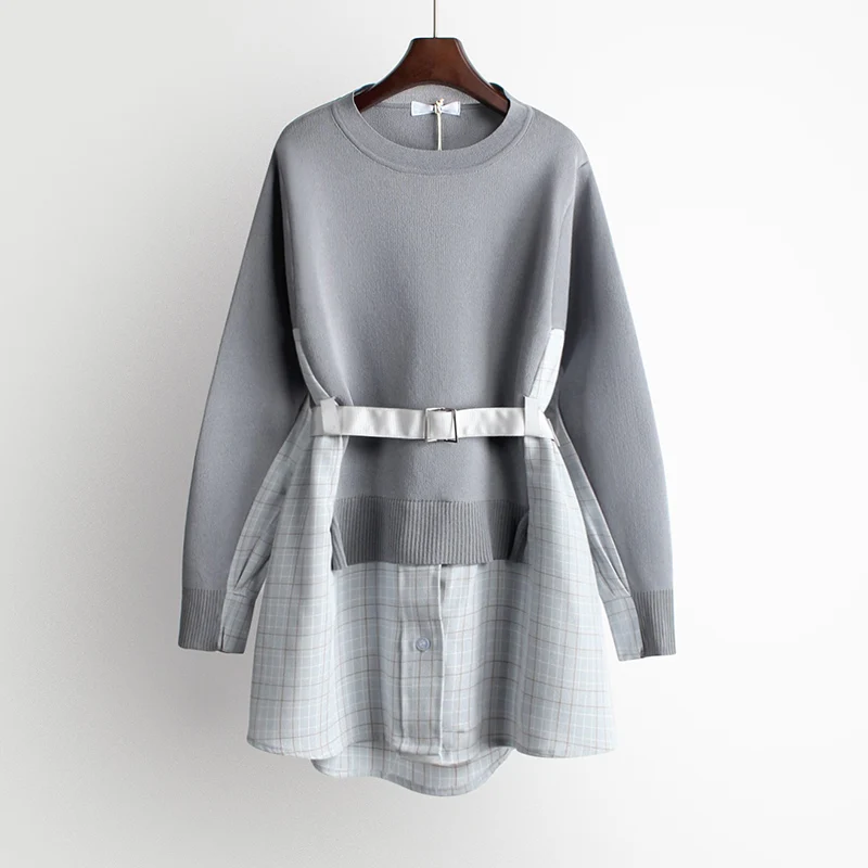 

SuperAen New Style Autumn and Winter Fake Two-Piece Waist Hugging 2020 Autumn Loose O Neck Mid-Length Sweater Women
